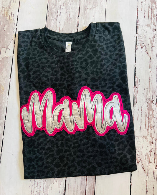 Black Leopard Mama Embroidered Tee